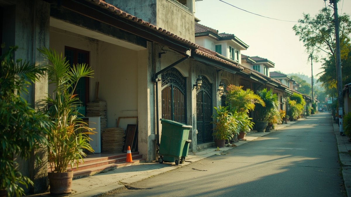 Terrace house street on a weekend morning with one house under renovation