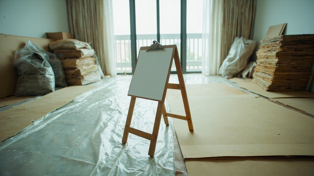 Tapak renovasi kondo dengan pelindung lantai, bahan binaan dan fail dokumen di atas kuda-kuda