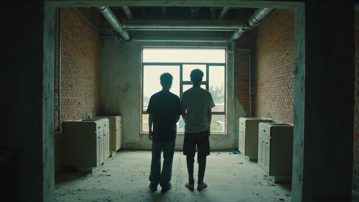 Couple in a stripped terrace-house kitchen planning a renovation they will finance with a loan
