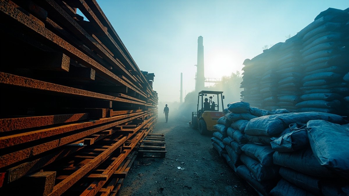Building material yard with steel bars and cement bags whose prices follow fuel costs