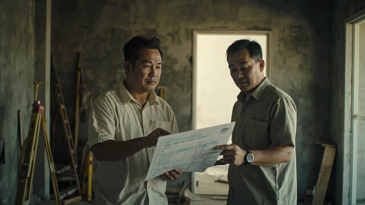 Pemilik rumah dan kontraktor menyemak jadual bayaran renovation