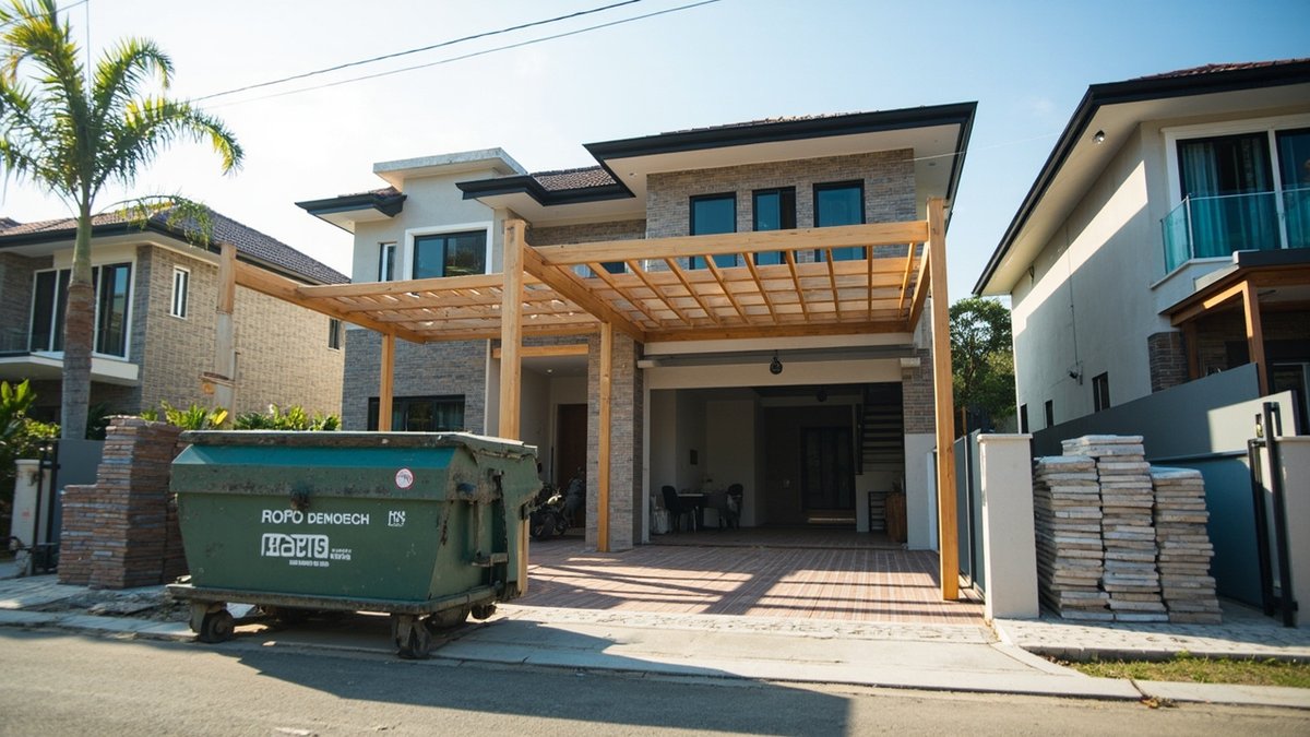 Rumah berangkai di Subang Jaya dengan pergola sedang dibina dan tong sisa di jalan hadapan