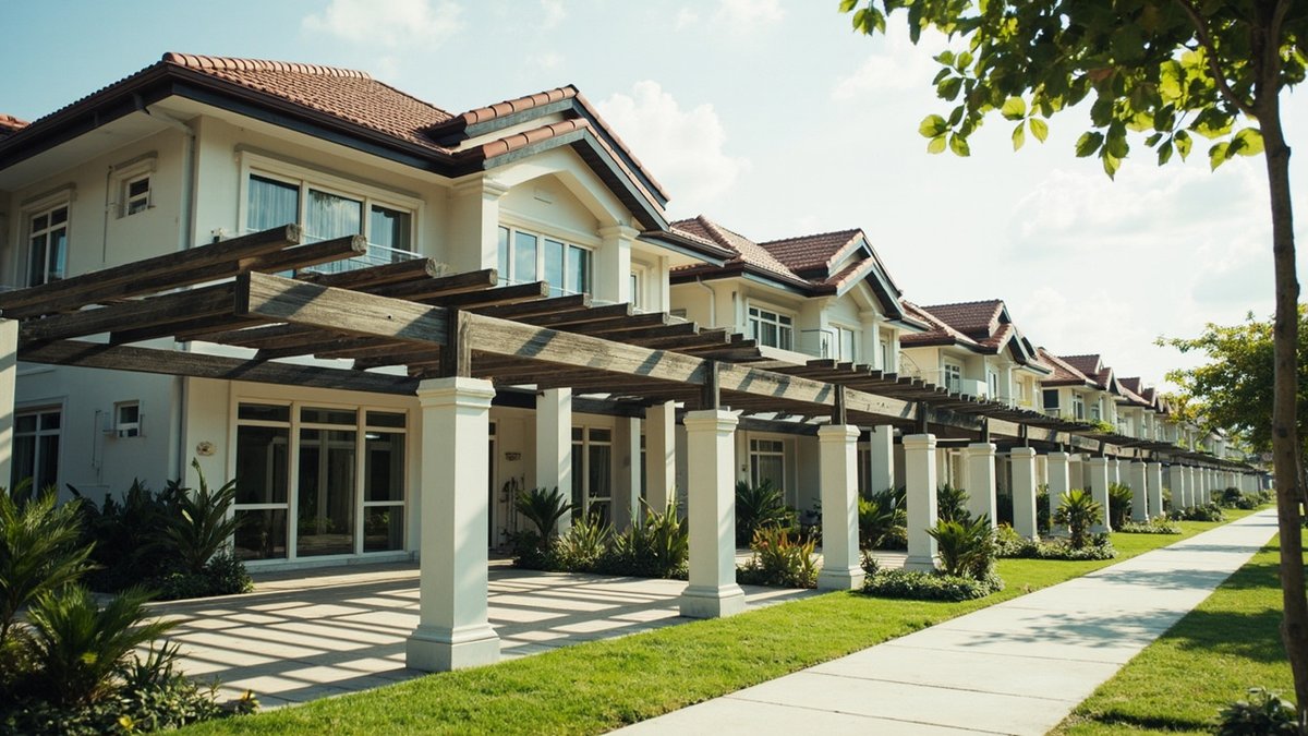 Deretan rumah teres seragam di presint Putrajaya dengan fasad sepadan dan pergola kayu di ruang jemuran