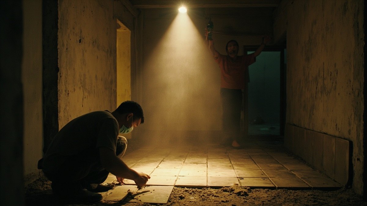 Worker in a mask laying floor tiles in a dusty bare room, another man holding a drill under a spotlight