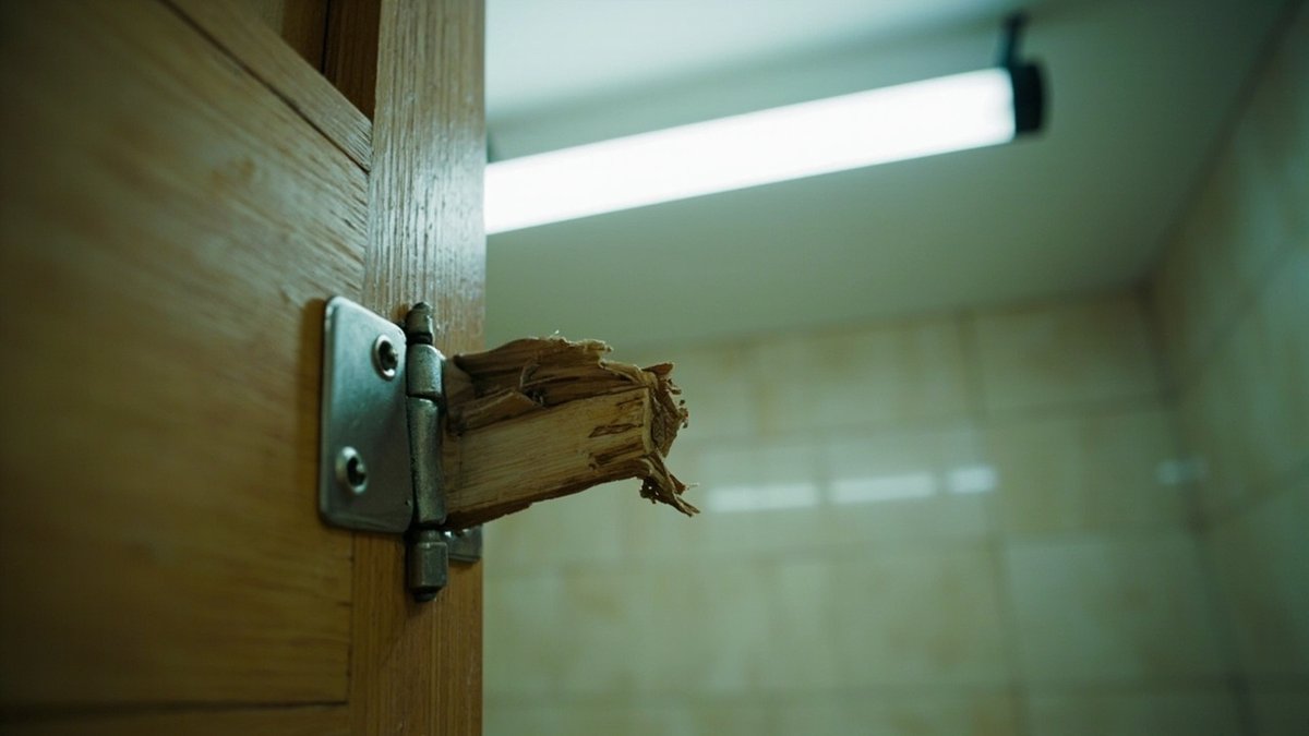 Close-up of a broken cabinet hinge illustrating rental deposit deductions
