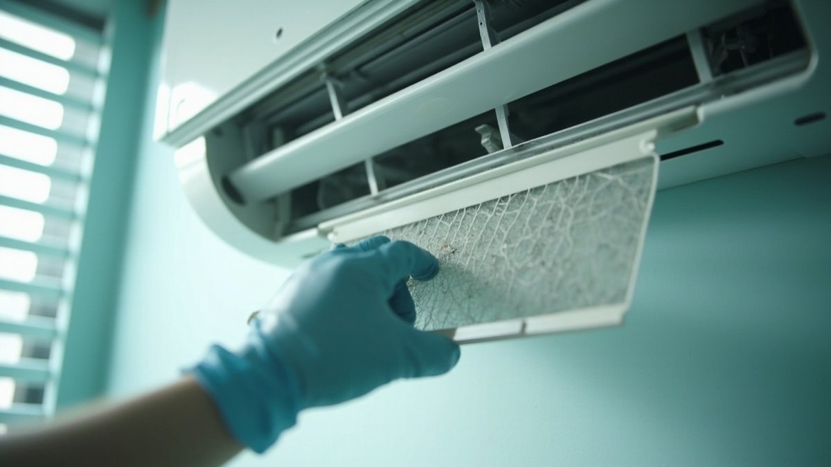 Gloved hand removing an air-conditioner filter for rental property maintenance