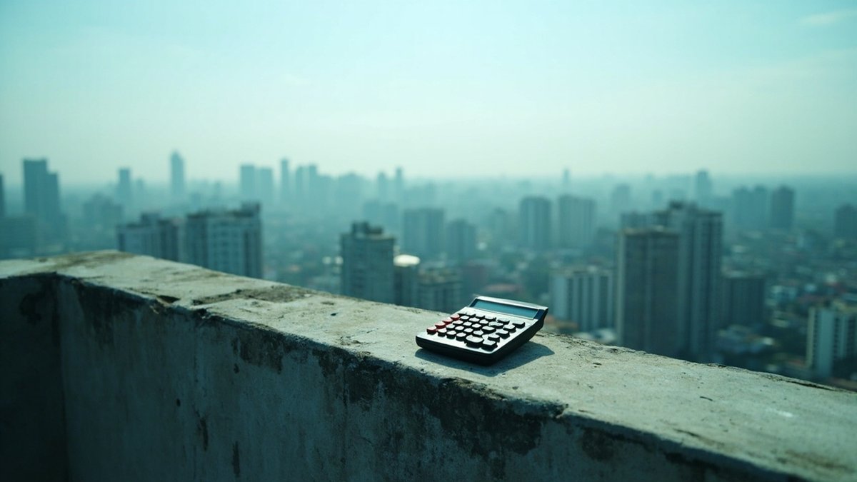 Calculator on a rooftop ledge above the Klang Valley skyline for rental yield
