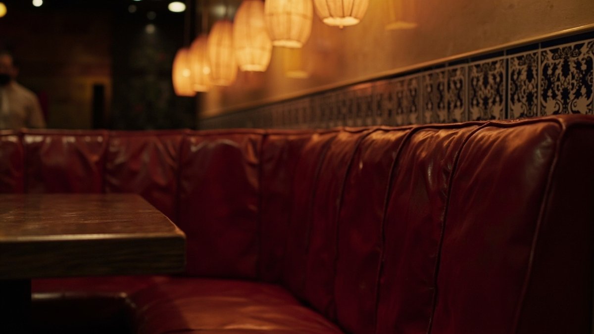 Close-up of a red leather restaurant booth under paper lanterns with an indigo tiled wall