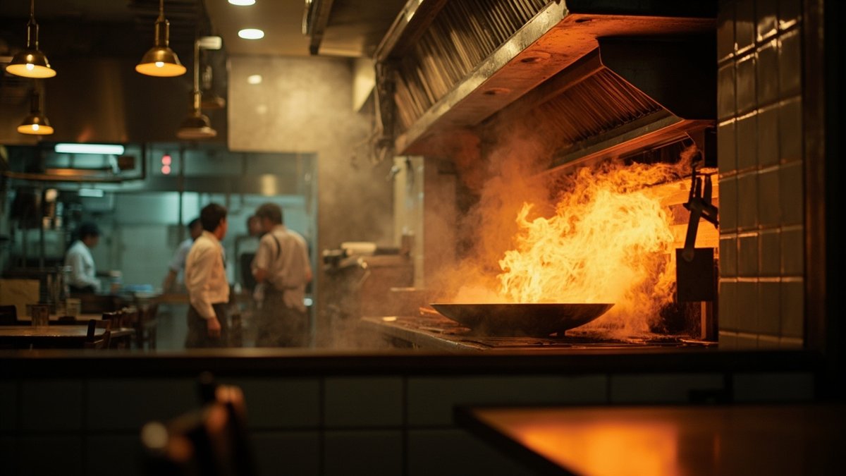 Smoke escaping from under a kitchen exhaust hood towards a restaurant dining area