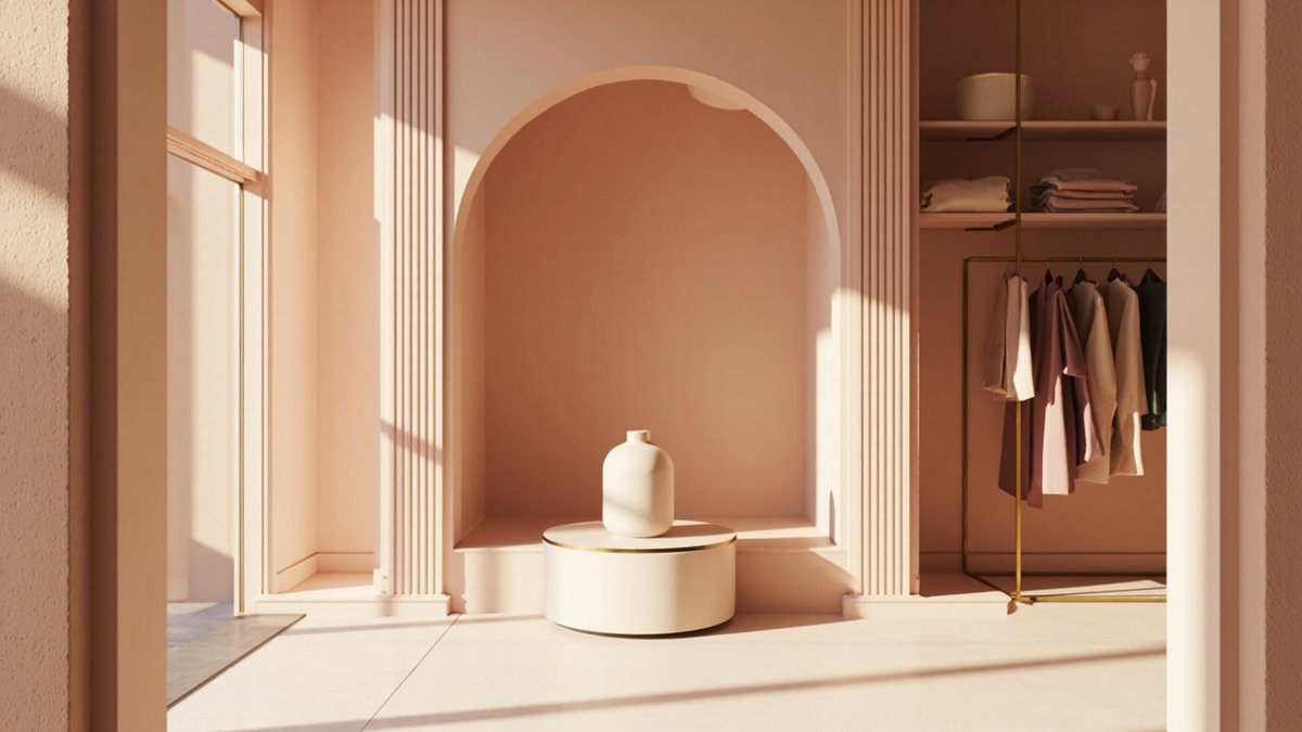 Illustrative concept design: peach-pink arched niche with fluted pilasters and one round plinth holding a cream vase