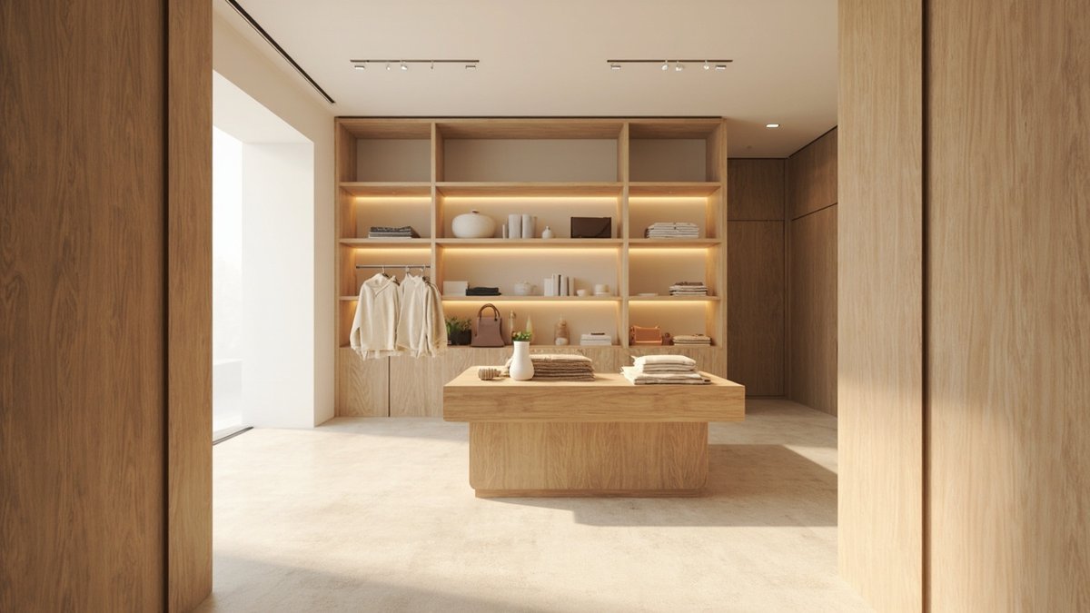 Illustrative concept design: open shop entrance leading to a light oak hero table of folded knitwear and lit oak shelving