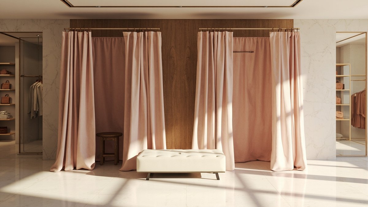 Illustrative concept design: two fitting cubicles with blush linen curtains on brass rails and a cream bench in front