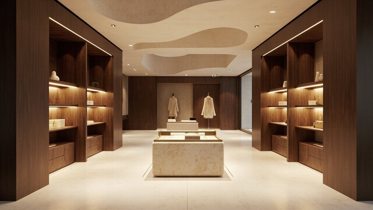 Illustrative concept design: concept store with dark walnut wall bays, a travertine island and a sculpted wavy ceiling