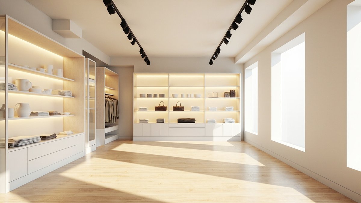 Illustrative concept design: bright shop lit by black track spotlights and warm LED strips under white shelving