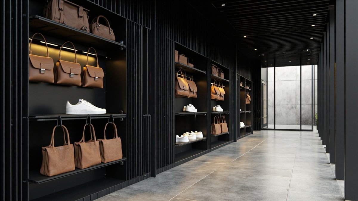 Illustrative concept design: black slatted wall bays with metal shelves holding plain tan bags and white sneakers