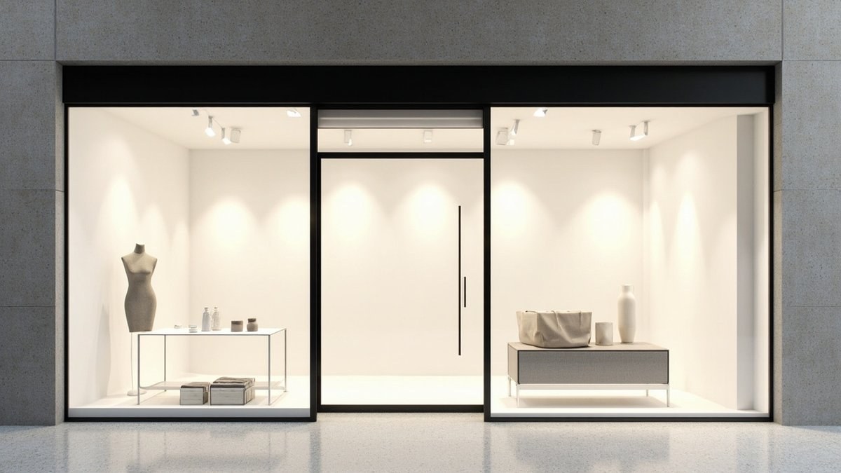 Illustrative concept design: shoplot frontage with full-height clear glass, a black-framed centre door and a blank black fascia