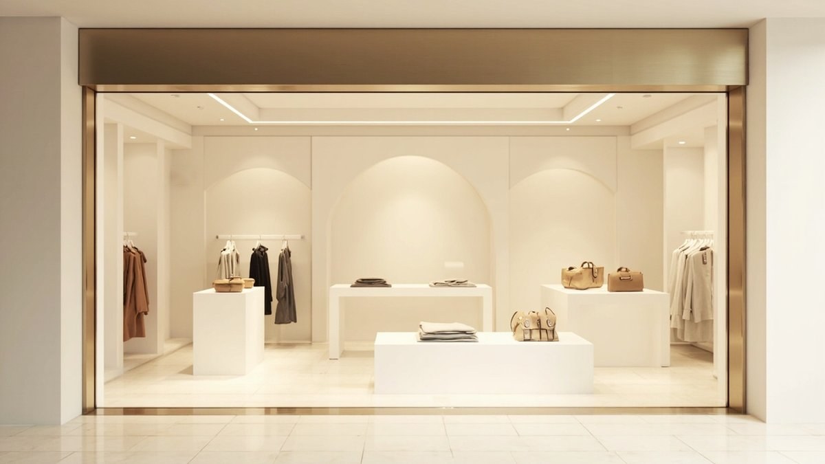 Illustrative concept design: open mall unit frontage with a champagne metal portal and a white interior of arched recesses and plinths