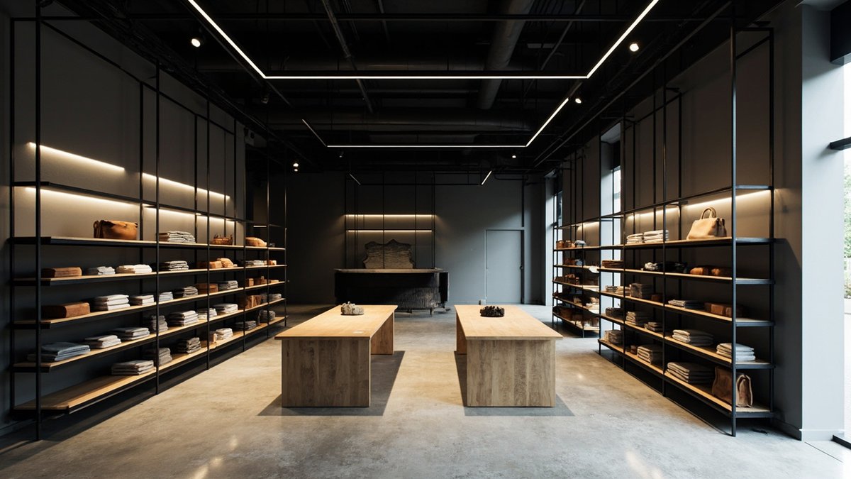Illustrative concept design: long shop with a black open ceiling, black metal shelving on both walls and two timber tables