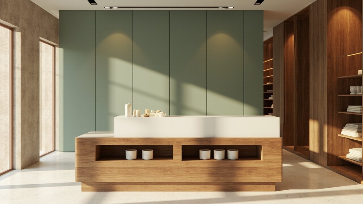 Illustrative concept design: timber till counter with a white top and cubbies of plain jars in front of a sage green wall