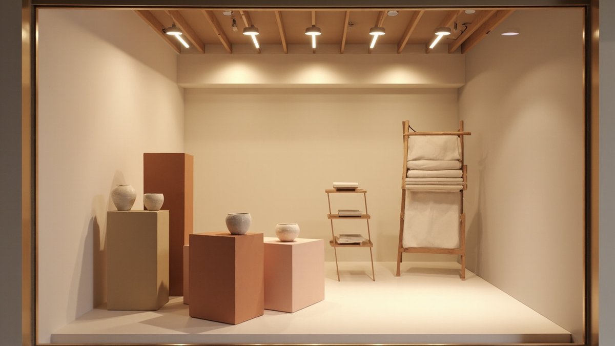 Illustrative concept design: shop window with sand, terracotta and blush plinths, plain pots and a timber rack of folded linen