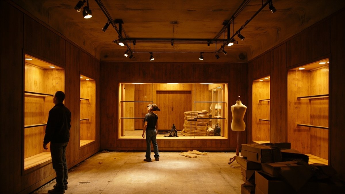 Retail shop mid-fit-out with empty display shelving and a mannequin in the back