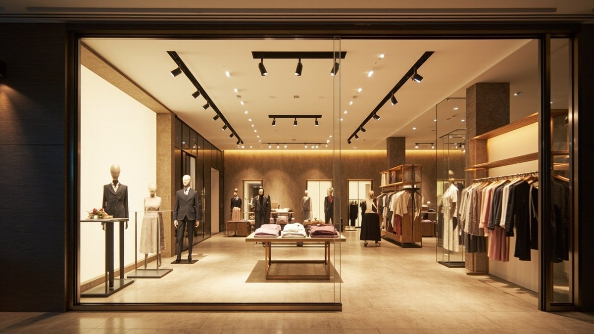 Boutique shop with ceiling track spotlights aimed at mannequins and shelves