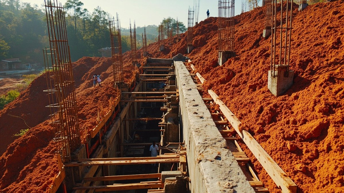 Retaining wall under construction on a sloped hillside terrace lot in Malaysia