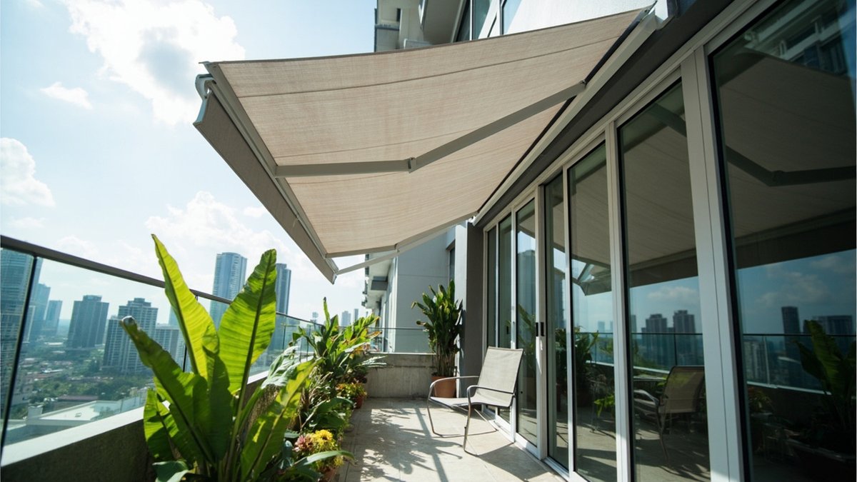 Grey fabric retractable awning on folding arms extended over a condo balcony