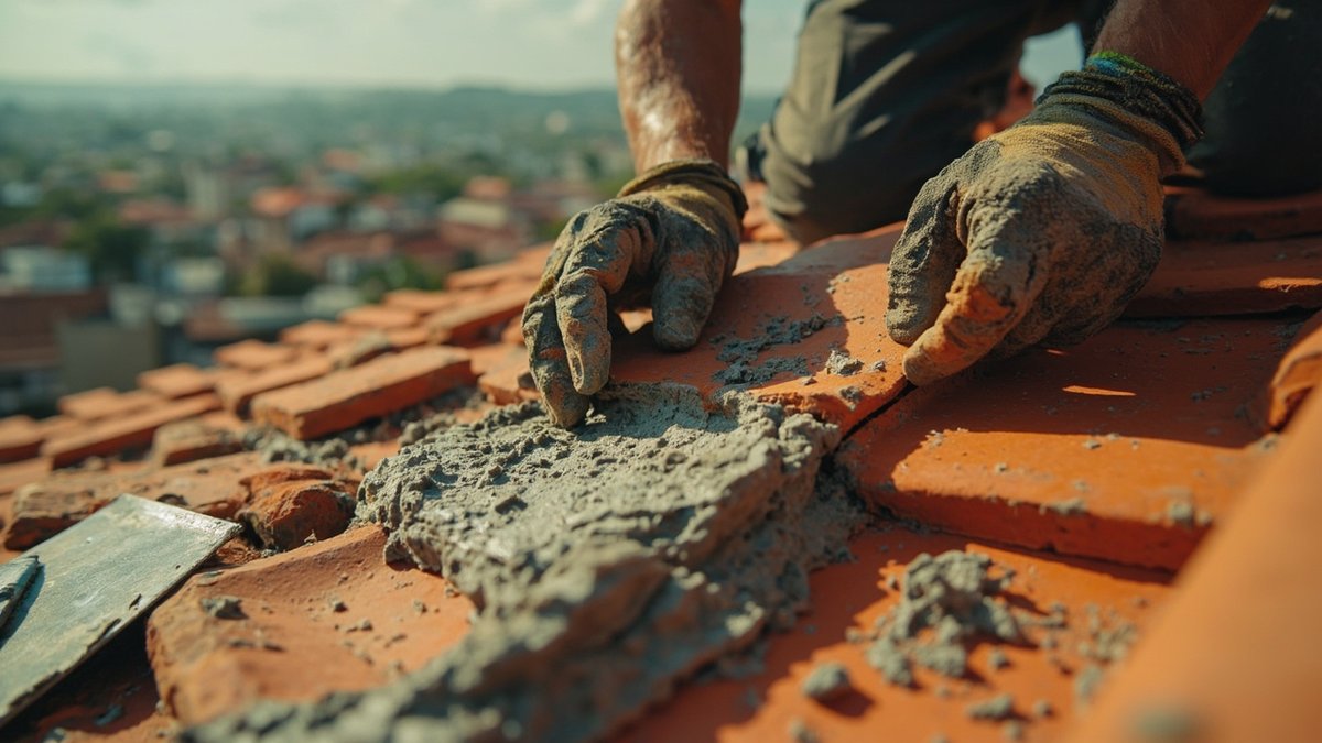 Cracked terracotta ridge tile being repaired on a Malaysian pitched roof
