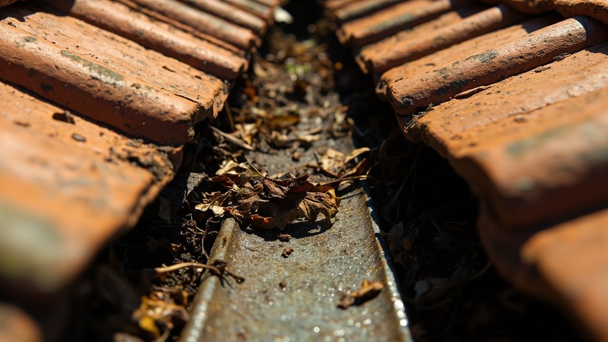 Roof valley flashing filled with debris between two tiled slopes