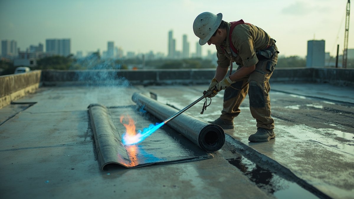 Torch-applied bituminous membrane on a flat roof in Malaysia