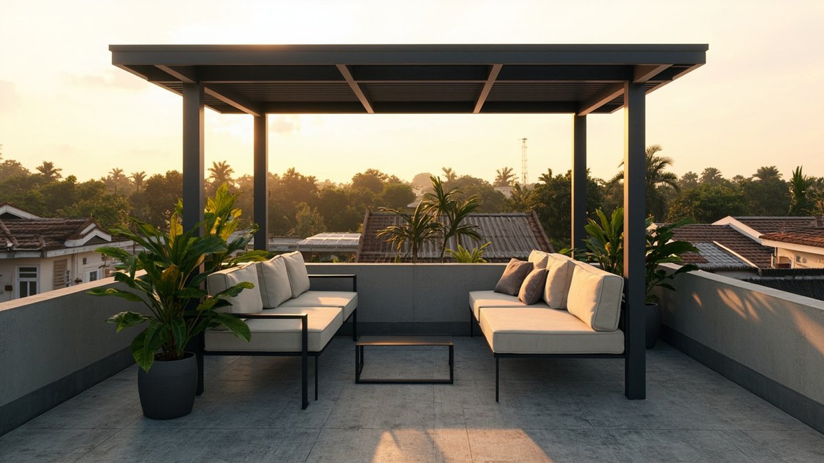 Ilustrasi konsep reka bentuk: ruang santai teres bumbung di bawah rangka pergola aluminium kelabu gelap