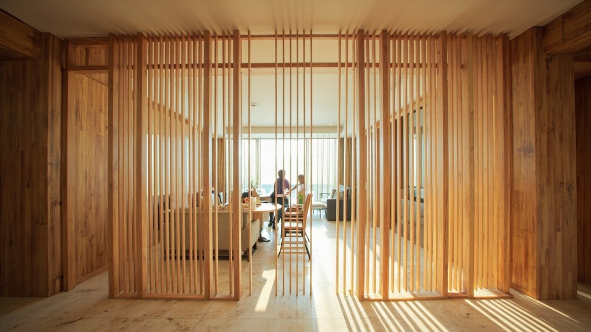 Floor-to-ceiling timber slat screen dividing a condo living and dining area