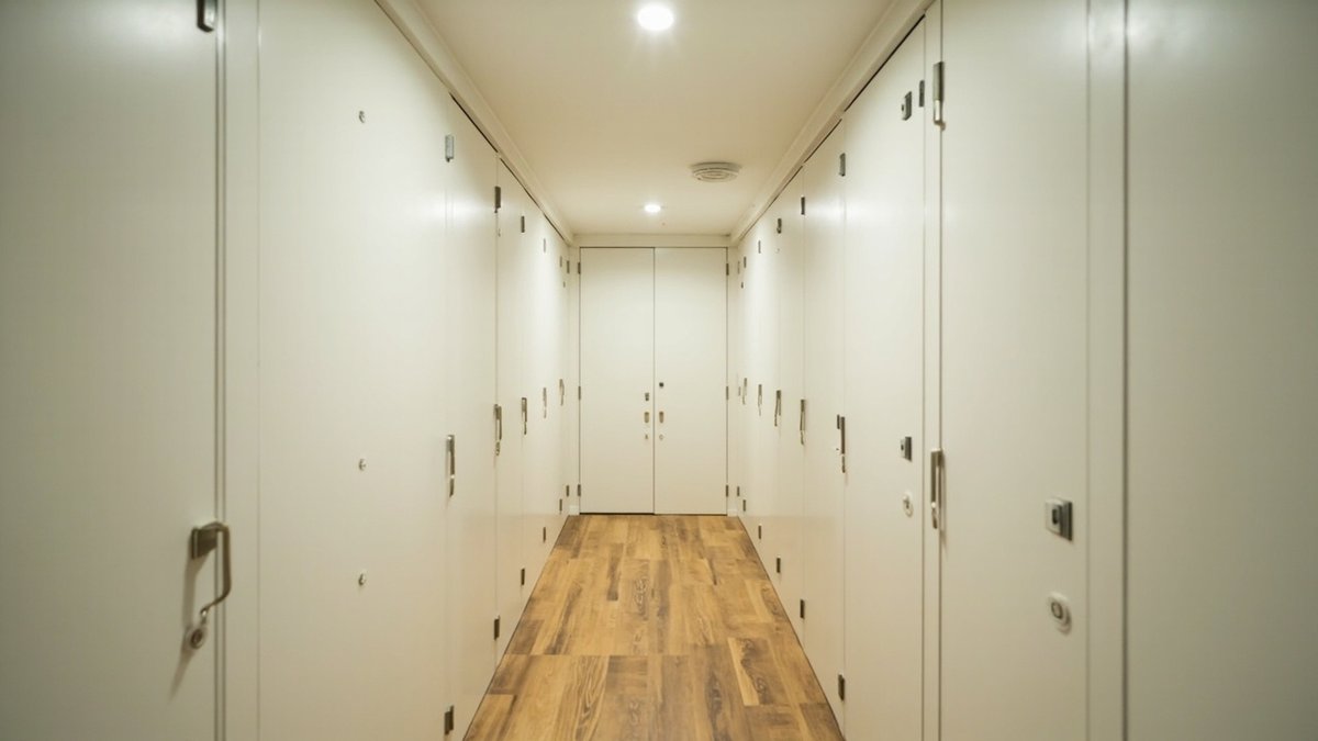 Corridor with bedroom doors and a smoke detector in a unit converted for room rental
