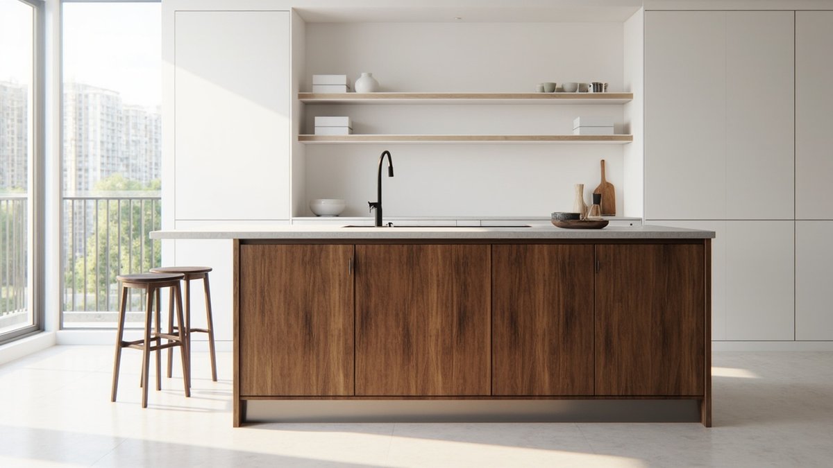 Ilustrasi konsep reka bentuk: island dapur kering kayu getah berwarna walnut di bawah top batu cerah dengan dua bangku