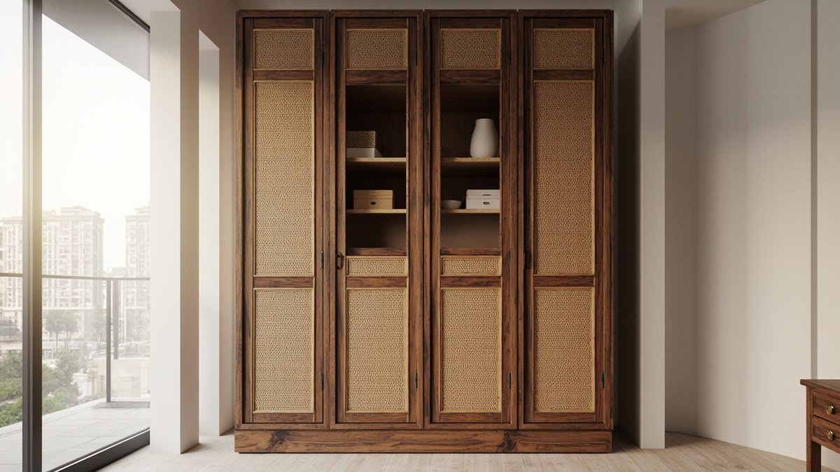 Ilustrasi konsep reka bentuk: almari baju dengan bingkai kayu getah berwarna walnut dan panel pintu anyaman rotan