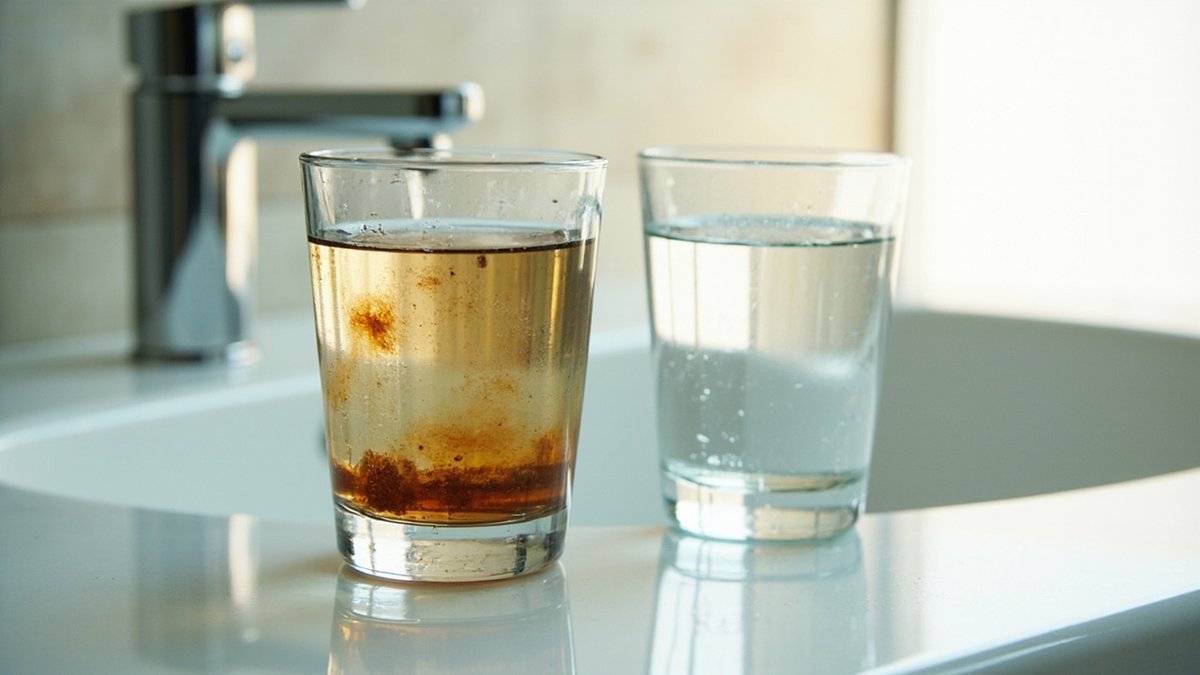 Glass of brownish tap water beside a glass of clear water in front of a chrome basin tap