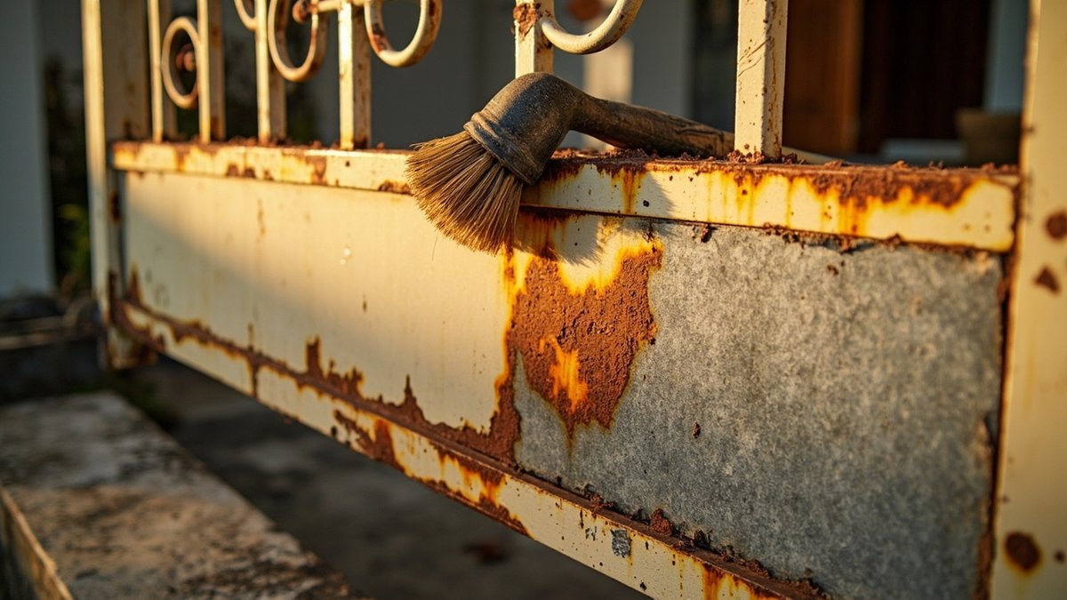 Rust bubbling through flaking paint on a mild steel gate bottom rail, with one section brushed back to bare metal