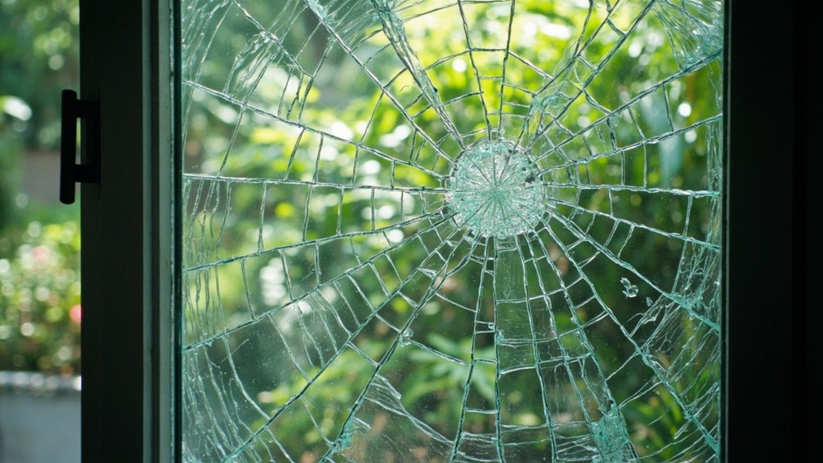 Cracked sliding glass door held in place by clear safety window film
