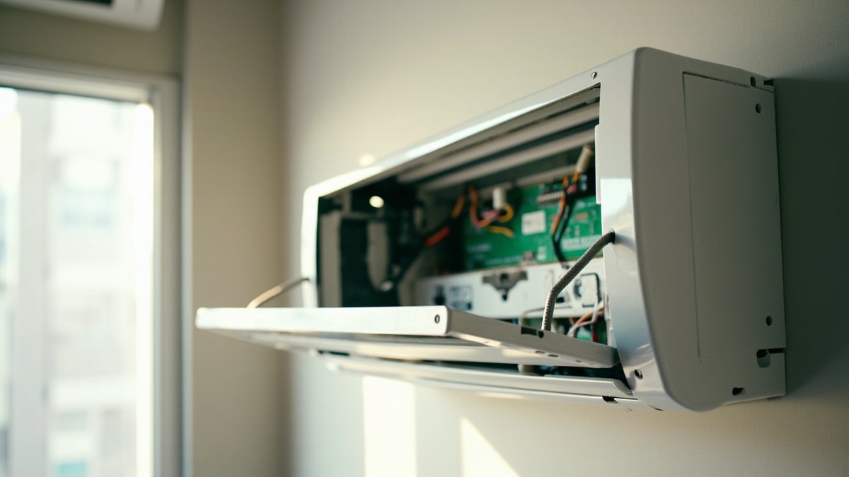 Split-unit air conditioner indoor unit opened at the circuit board