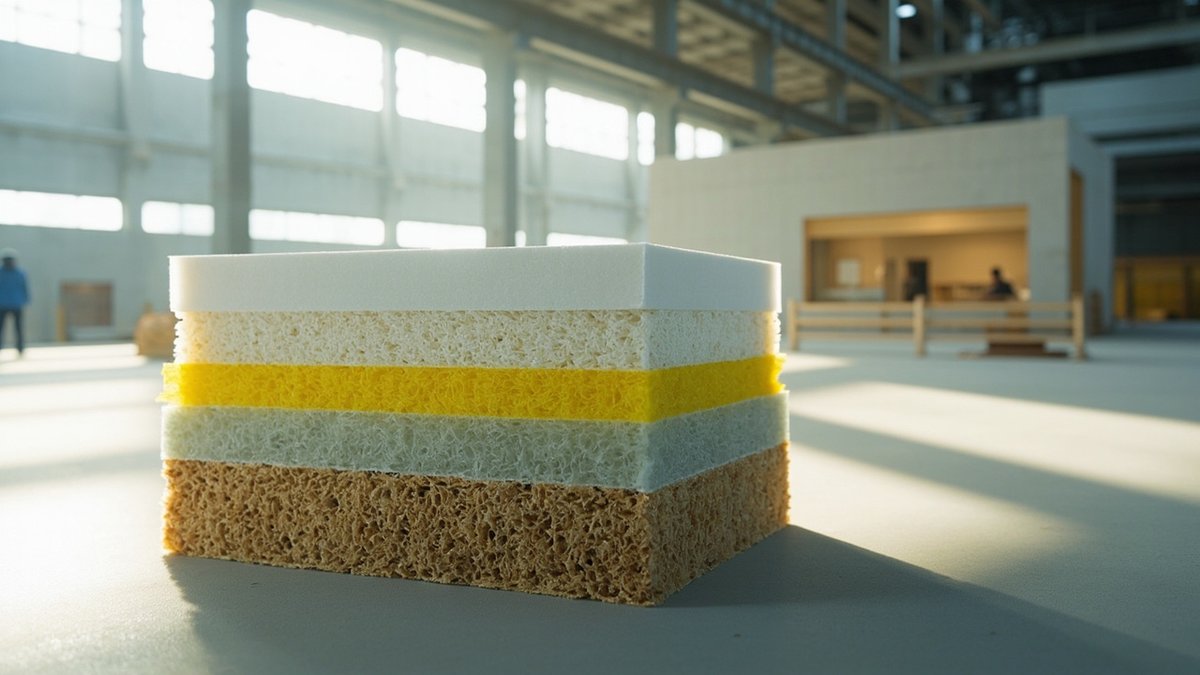 Timbunan panel sandwich menunjukkan teras EPS, PU, PIR dan rockwool di sebelah pejabat tapak