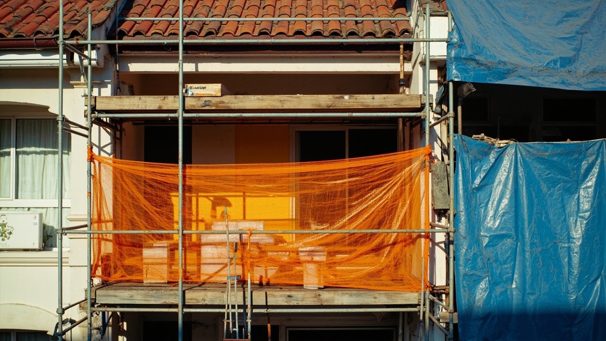 H-frame scaffolding with debris netting along the upper floor of a double-storey terrace house