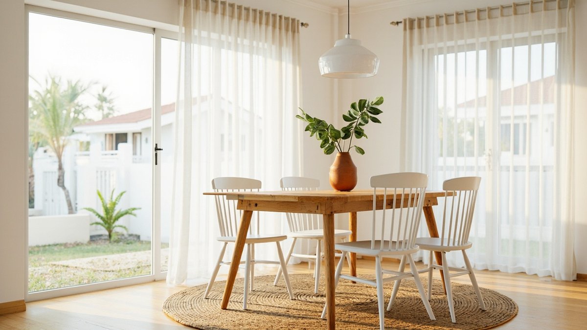 Illustrative concept design: Scandinavian dining area with a honey acacia table, white spindle-back chairs and a terracotta vase
