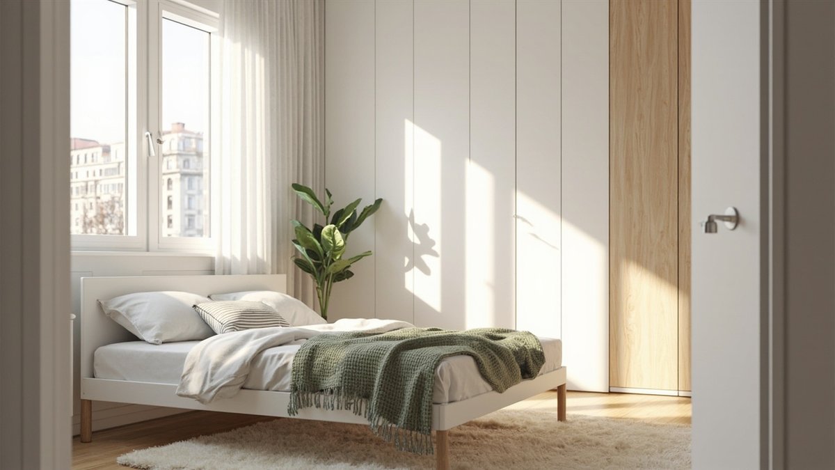 Illustrative concept design: Scandinavian second bedroom with a white bed, a sage knitted throw and tall white handle-less wardrobe doors