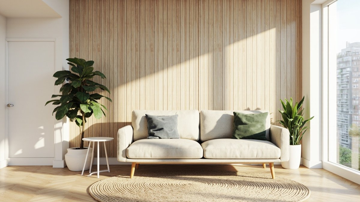 Illustrative concept design: Scandinavian living room with a pale oak slat wall behind an oatmeal sofa with sage cushions and a jute rug