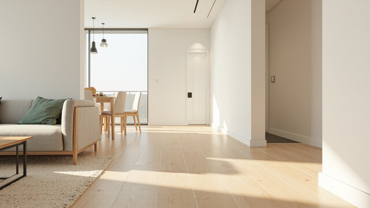 Illustrative concept design: Scandinavian condo with a continuous matte pale oak plank floor from the living area to the dining set