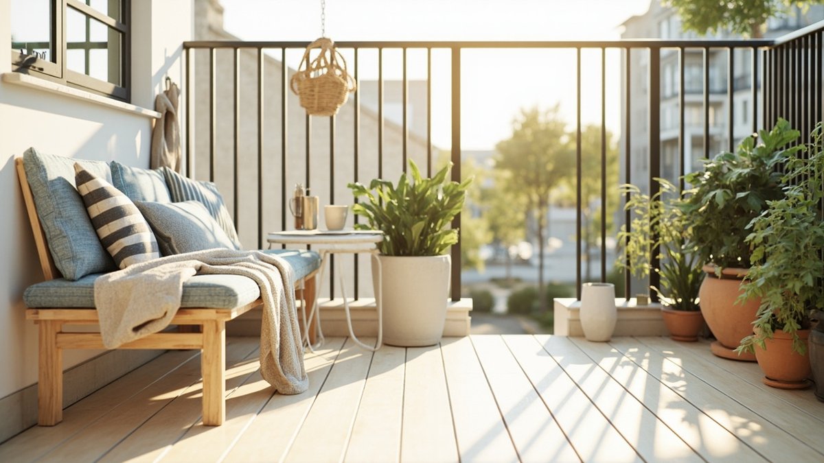 Illustrative concept design: Scandinavian balcony with a pale wood bench, dusty blue striped cushions and potted plants
