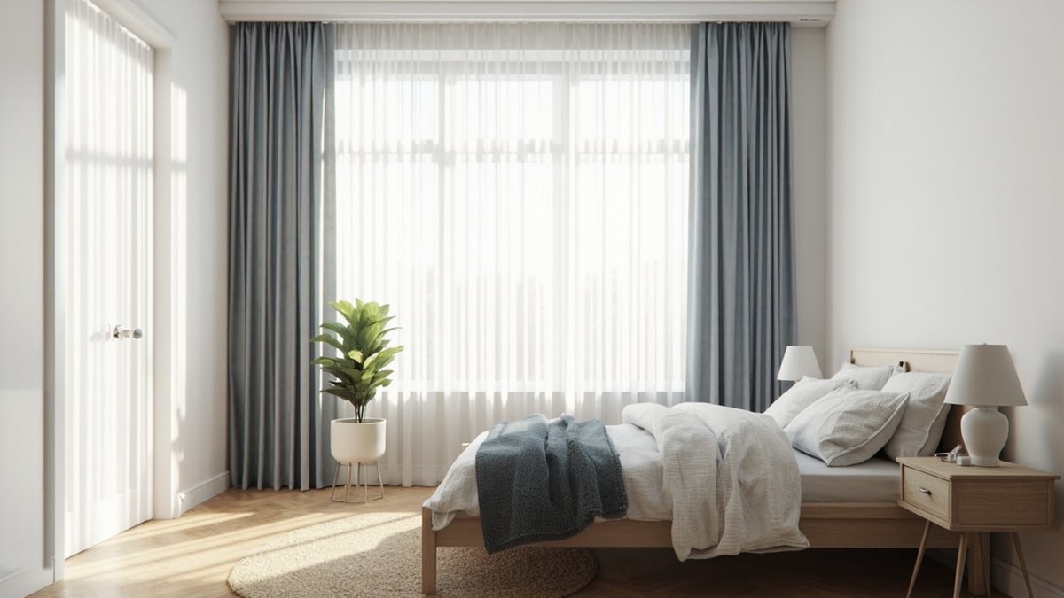 Illustrative concept design: Scandinavian master bedroom with white sheers and dusty blue blockout curtains behind a pale oak bed