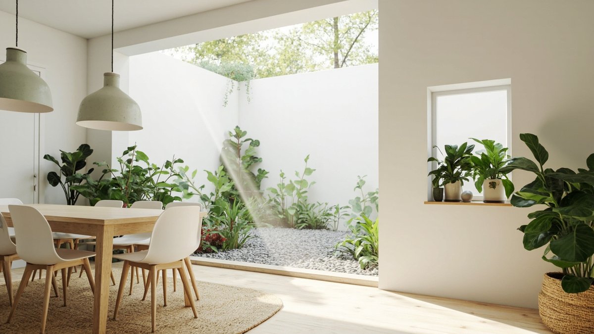 Illustrative concept design: Scandinavian terrace dining area beside an open white air well filled with plants and pebbles