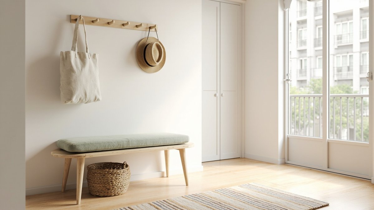 Illustrative concept design: Scandinavian entrance with a pale oak bench and sage cushion, an oak peg rail and a woven basket